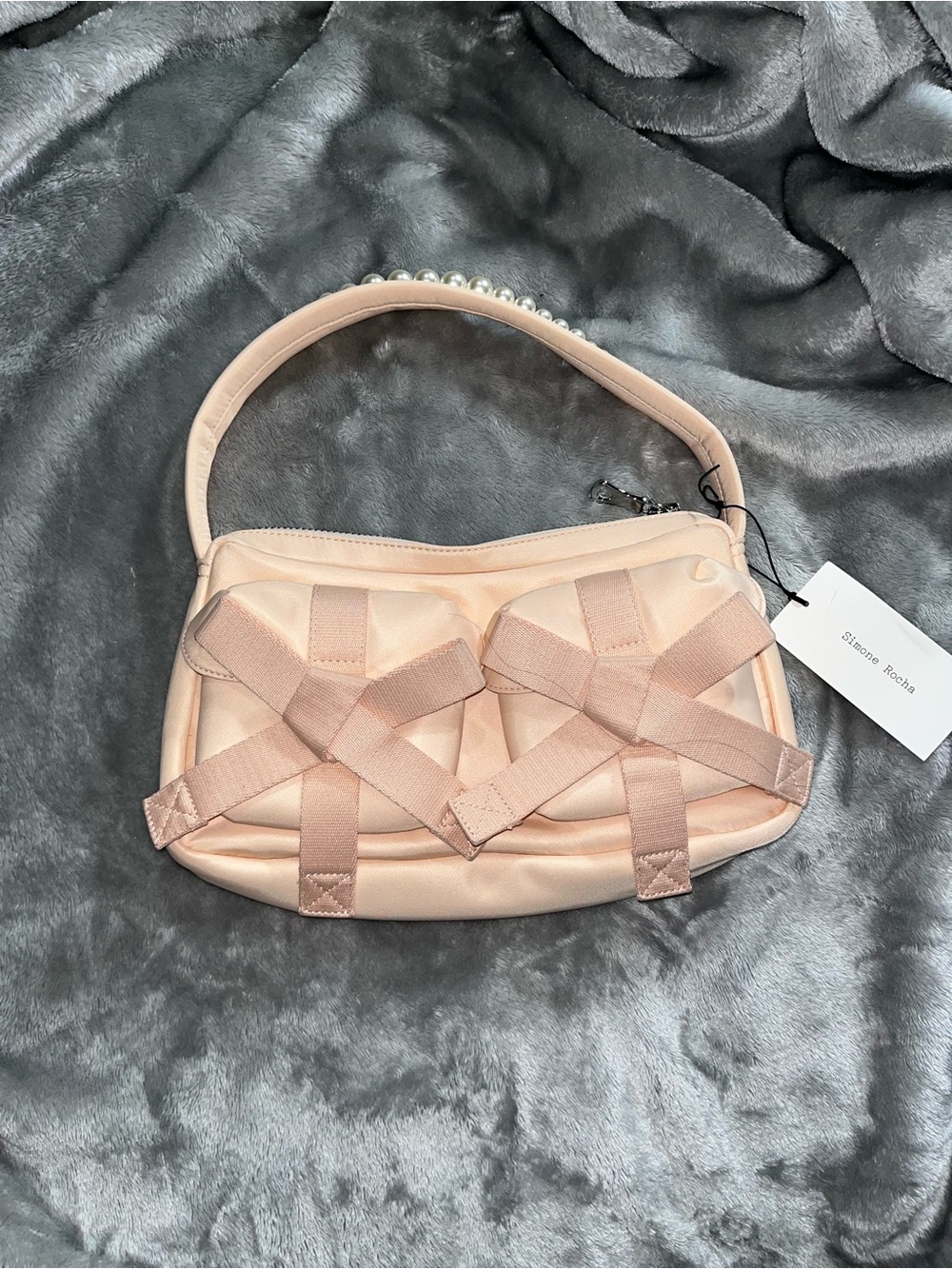 Simone Rocha Pale Pink Satin Shoulder Bag with Bow Appliqués